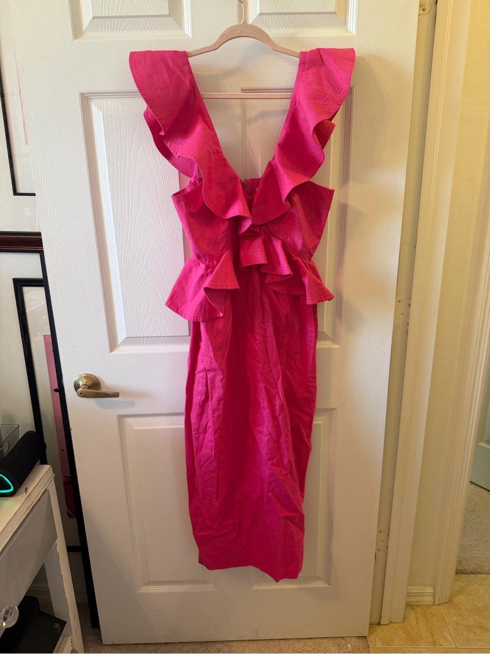 Fuchsia Ruffle-Trim Midi Dress with Peplum Waist